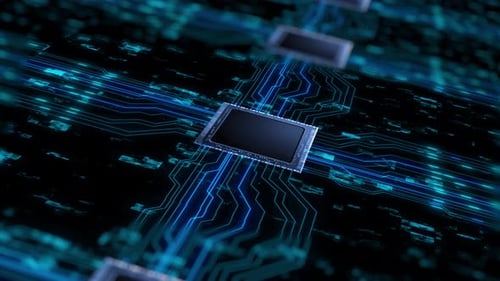 Digital Data Flow Over Glowing Microchip Circuit Board