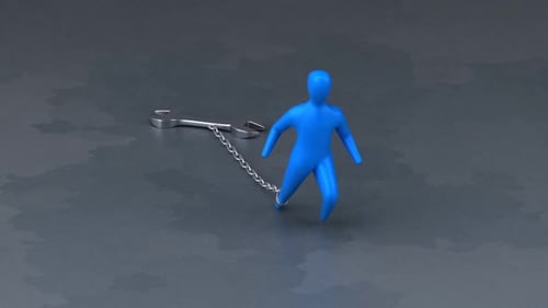 Struggling Blue Figure Chained to Heavy Wrench Animation
