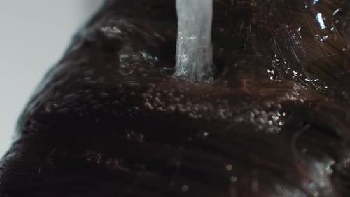 Dark Hair Being Washed Under Running Water Close-up