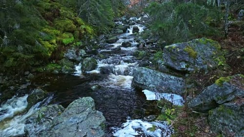 Flyover River Rushing Over Mossy Rocks In Wild Autumn Forest Of Sweden. Low Aerial Shot