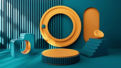 Abstract geometric architecture and empty stage, geometric figure, indoor light and shadow.