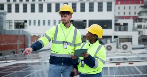 People, electrician and solar panel with pointing in rooftop with tablet for green energy