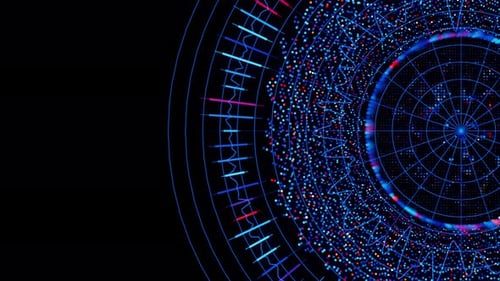 Große Datenkomplexe, runde Graphen, Draufsicht auf den Cyberspace of AI aus dem Quantencomputeruniversum