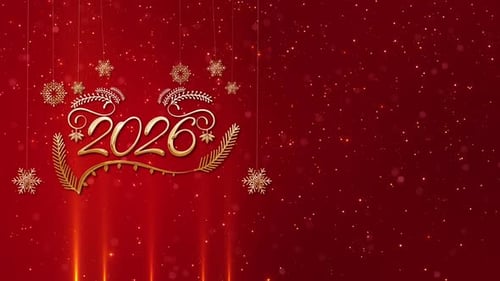 Festive animated red fireworks exploding, happy New Year 2026, dark blue backdrop glittering particl