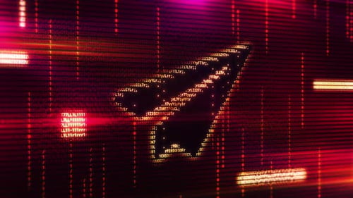 Papierflugzeugsymbol auf einem Digitaldisplay mit Störungen und Binärcode