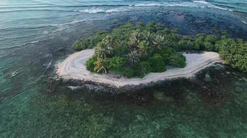 Isolated Uninhabited Tropical Island With Lush Vegetation and White Sand Beach. Aerial View