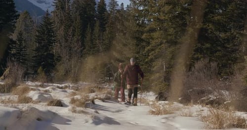 Senior Couple Hing In Snowy Woods