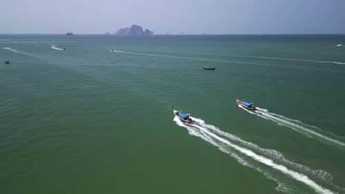 Aerial Of Wooden Thai Boats In The Picturesque Waters Of Krabi Thailand
