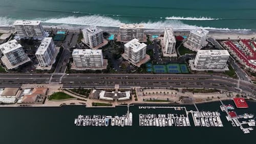 Aerial view of buildings near the beach, United States.