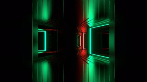 VJ Loop In 4K mit rotem und türkisfarbenem Rahmen für Spiegel, Korridor-Hintergrund