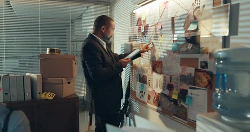 Man, crime board or night with tablet for murder investigation or tracking suspect in office