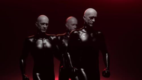 The army of the future. a group of bionic people with a confident gait move in space