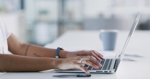Business hands typing email on laptop, person working on online website