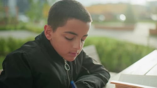 Boy Studying Outdoors on Sunny Day