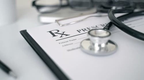 Medical Prescription Form with Stethoscope on Desk