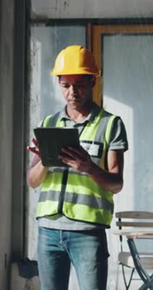 Engineering, planning and man with tablet, construction site for building project and safety