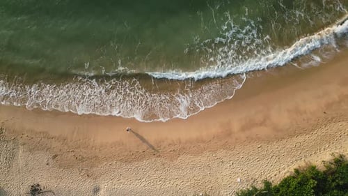 Aerial View of Solo Female Strolling on Sandy Beach Wave Edge Slow Motion Vacation Traveler Walks