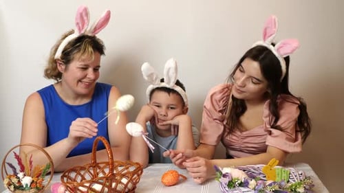 Family Easter Celebration with Bunny Ears and Decorations