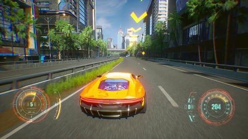 4k fake video game car simulator with HUD, racing across the city