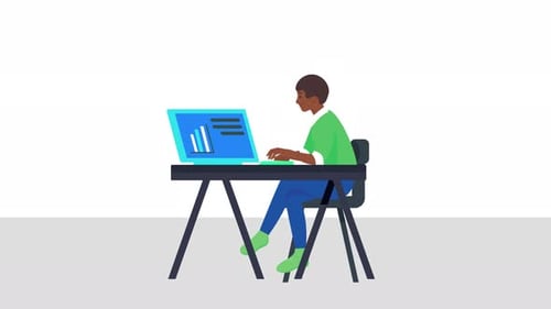 Man Person Sitting at Desk with Laptop Man Analyzing Growth Charts Animation