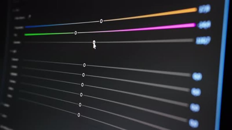 Video editing. Basic color correction with adjustment sliders. Screen ...