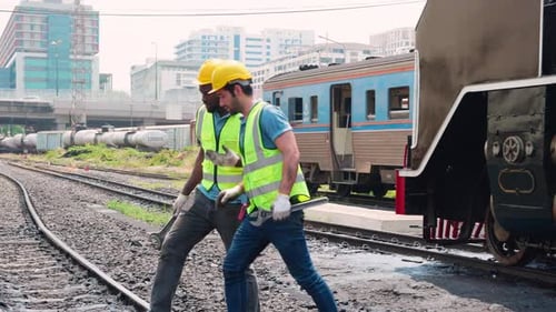 Young caucasian and black engineer maintenance train diesel engine in station.