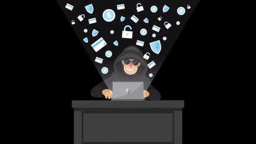 Hacker With Laptop Computer Stealing Passwords And Breaking In Confidential Data On Alpha Channel