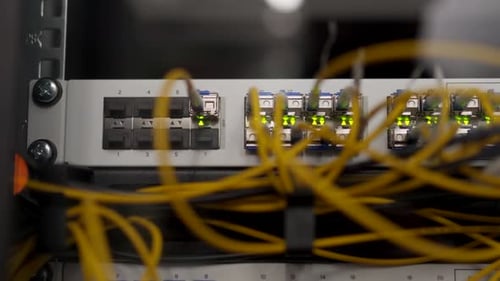 Optical Server and Router of the Data Center Server Room Network Equipment Blinking with Lights on