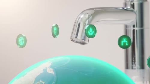 Water Conservation and Environment Icons Spinning Around a Globe
