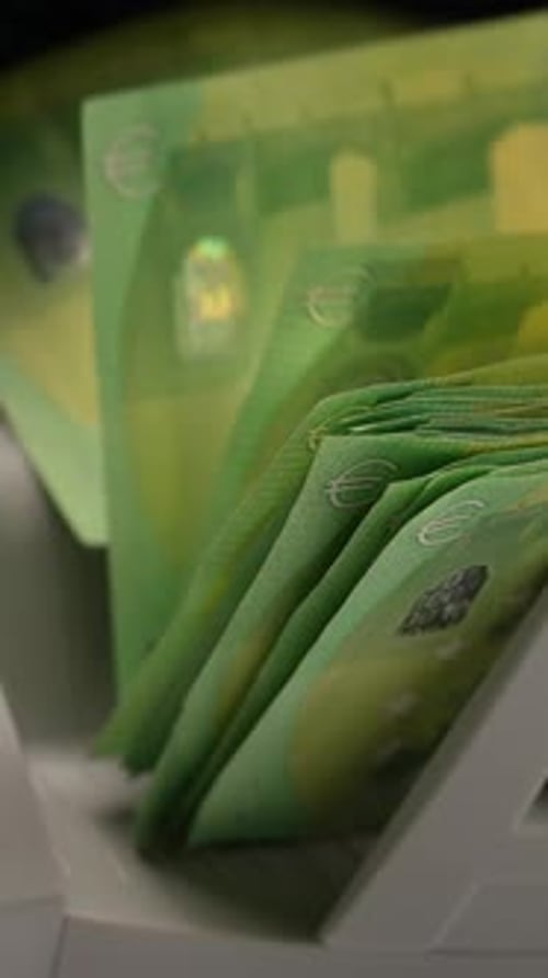 Close-Up Euro Banknotes Counting in Automated Machine