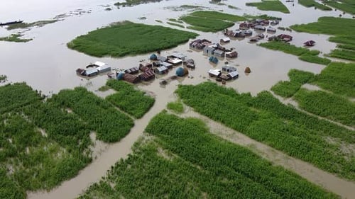 Aerial view of flooded village, Bangladesh.