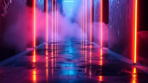 Neon corridor, vibrant hues, futuristic ambiance