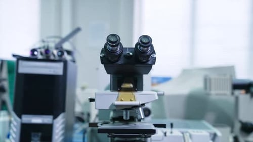 Laboratory medical microscope. Microbiology scientific research equipment.