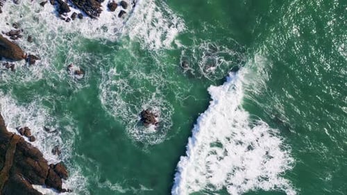 Rough Sea Water Washing Coastal Rugged Cliffs Aerial View Stormy Blue Ocean