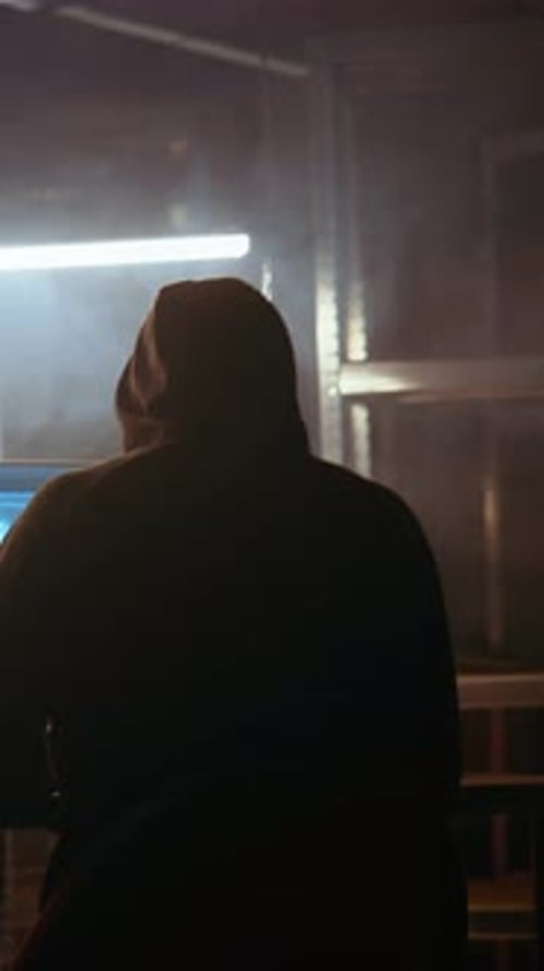 Hooded Figure Working at Computer at Night