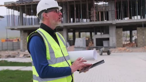Construction Engineer Using Tablet Inspecting Building Site