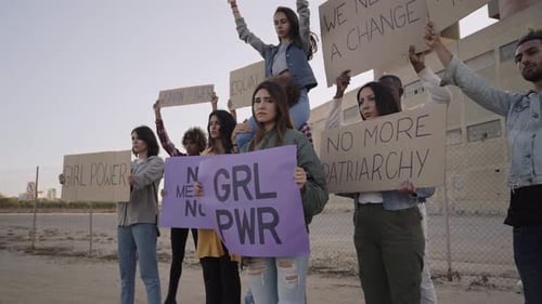 Group of Demonstrators on Road with a Signboard Saying No More Patriarchy