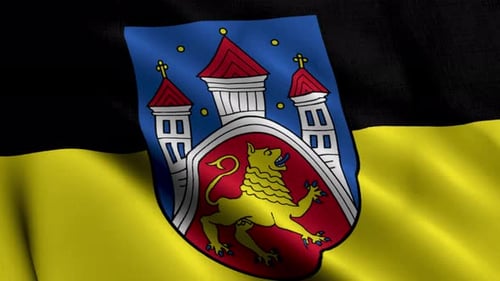 Waving Flag with Castle and Lion Coat of Arms