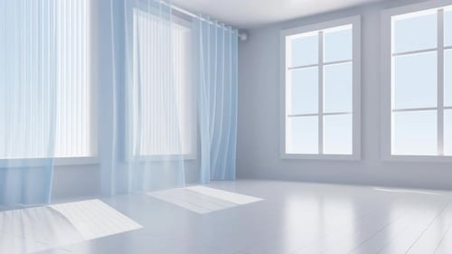 Weißes Innengebäude mit Fenstern, 3D-Rendering.