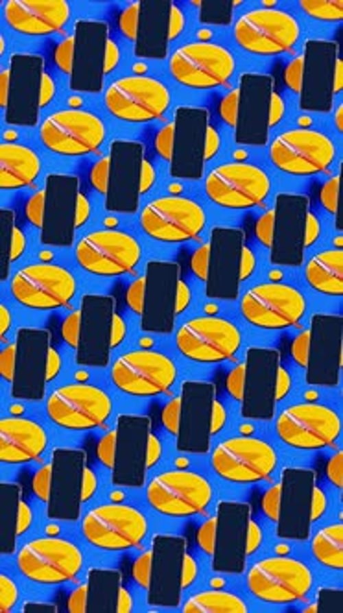 Abstract Pattern of Rotating Smartphones and Yellow Circles