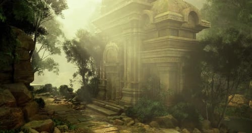 Ancien temple de pierre entouré d'une forêt dense et d'une atmosphère brumeuse