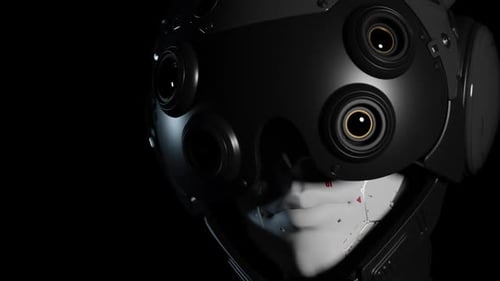 A close-up portrait of the robot, the robot turns its head looking at the viewer.