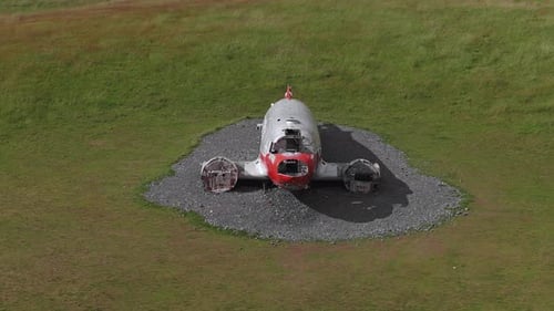 Aerial View of Abandoned Airplane Wreck on Gravel in Iceland