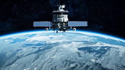 High-Tech Satellite Orbiting Earth in Deep Space