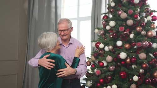 Senior Couple Embracing Beside Christmas Tree Indoors