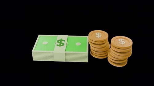 Animated 3D Money Stacks and Coins Rotation