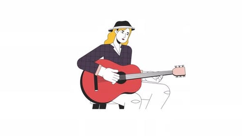 Animated Woman Playing Acoustic Guitar in Flat Design Style