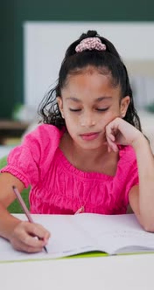 Development, learning and writing with tired girl falling asleep in home study for education