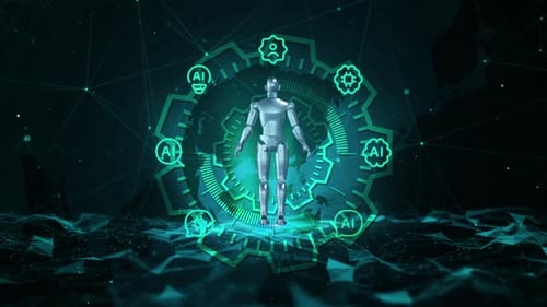 Futuristic AI Robot Interface with Spinning Technology Icons Animation