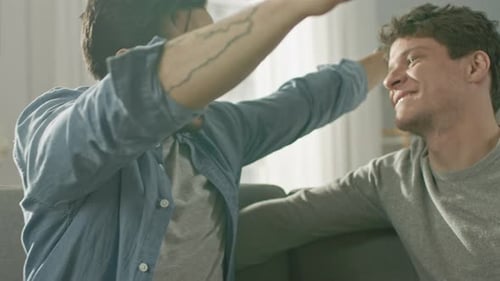 Affectionate men embracing lovingly on sofa indoors